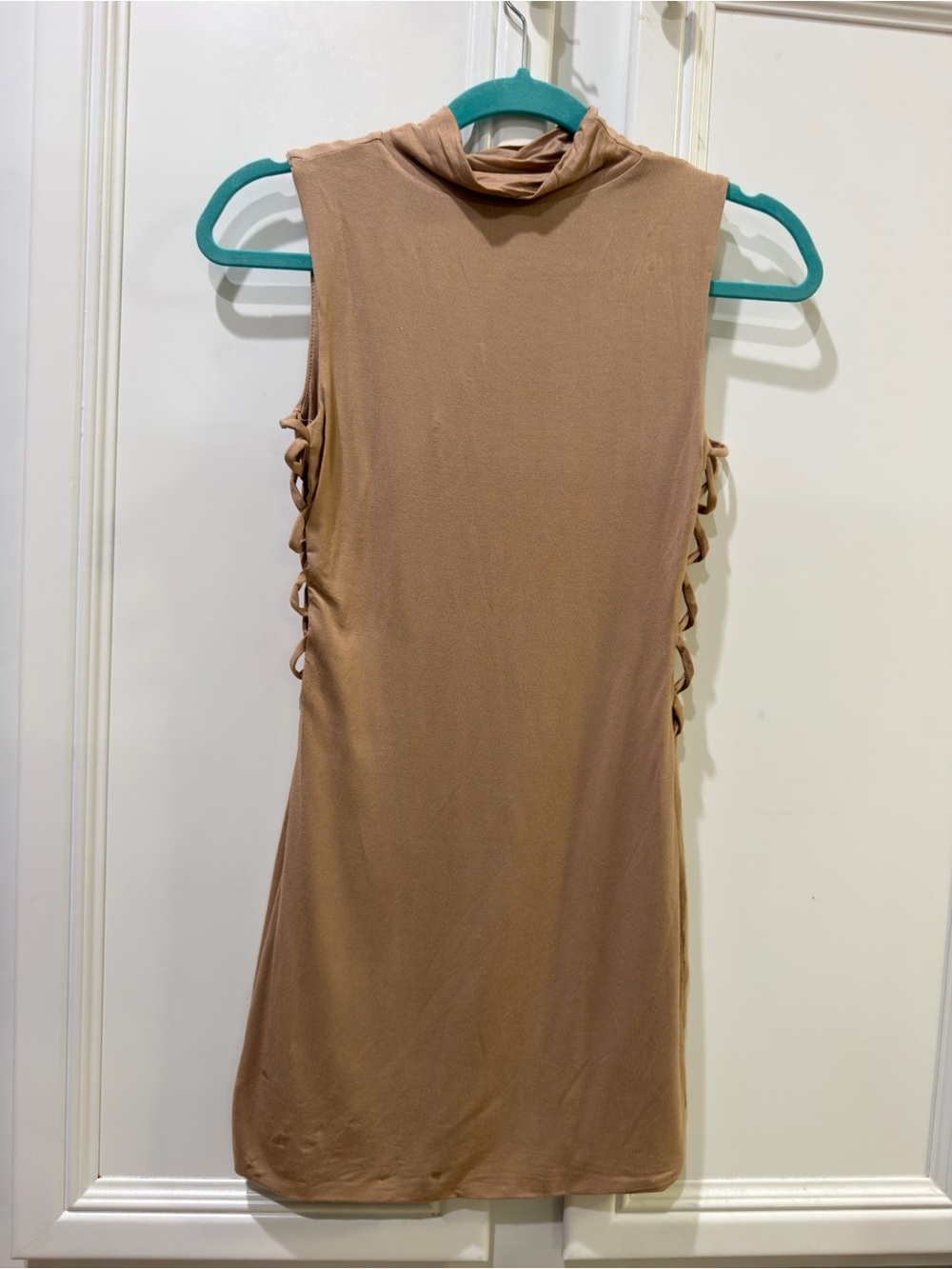 Sleeveless Mock Neck Mini Dress with Side Lace-Up in Brown